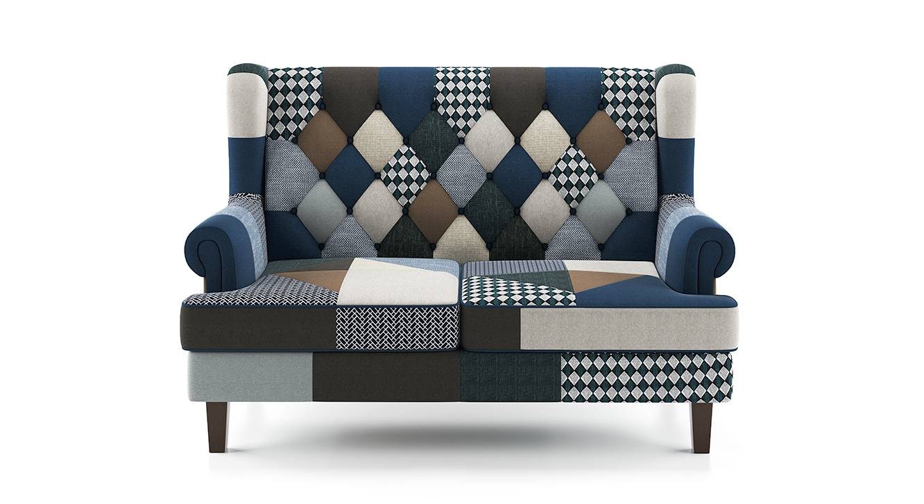 Minnelli 2 Seater Fabric Loveseat in Indigo Patch Work Colour